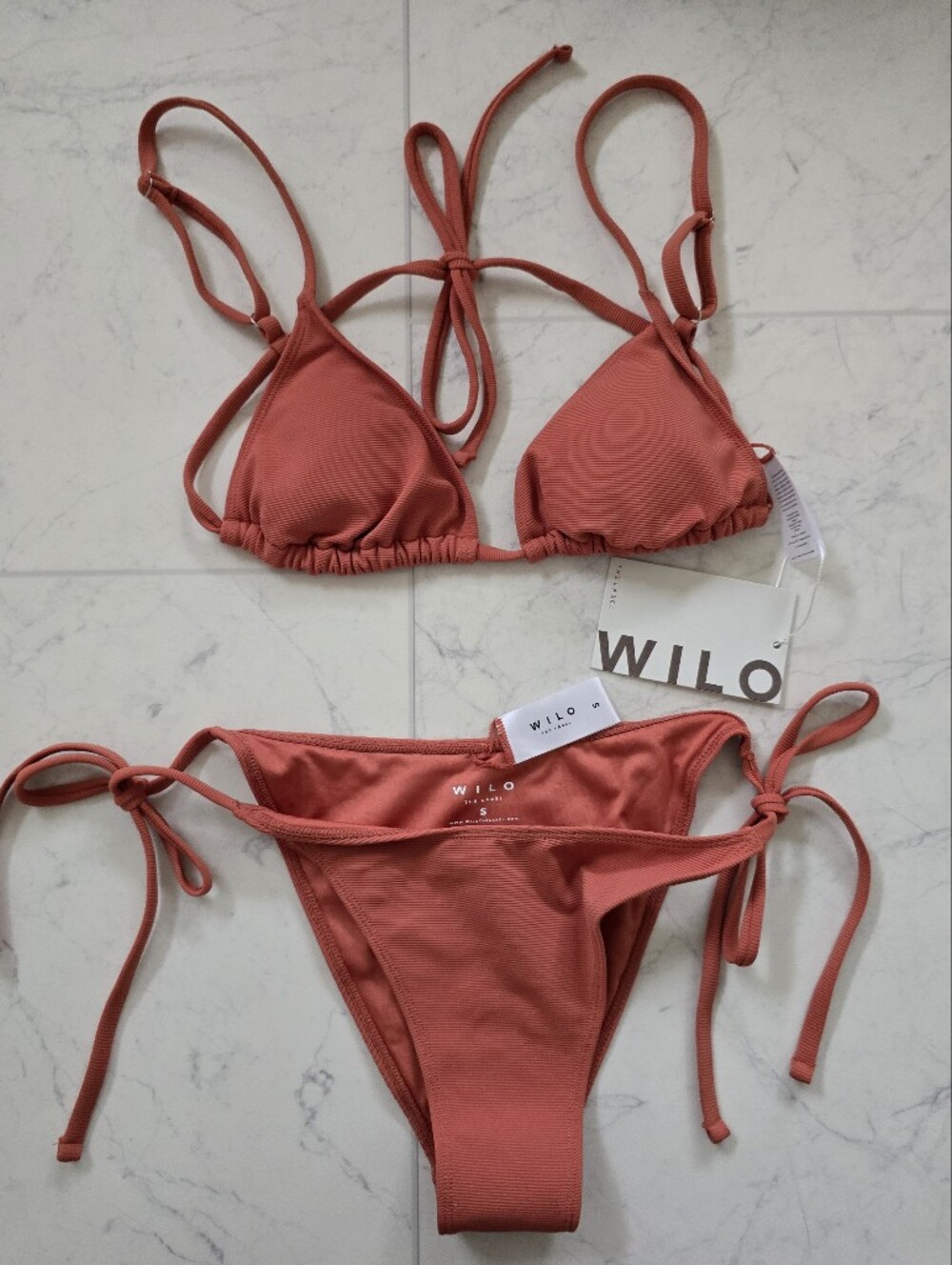 Wilo the Label Ribbed Triangle Bikini Set in Terracotta